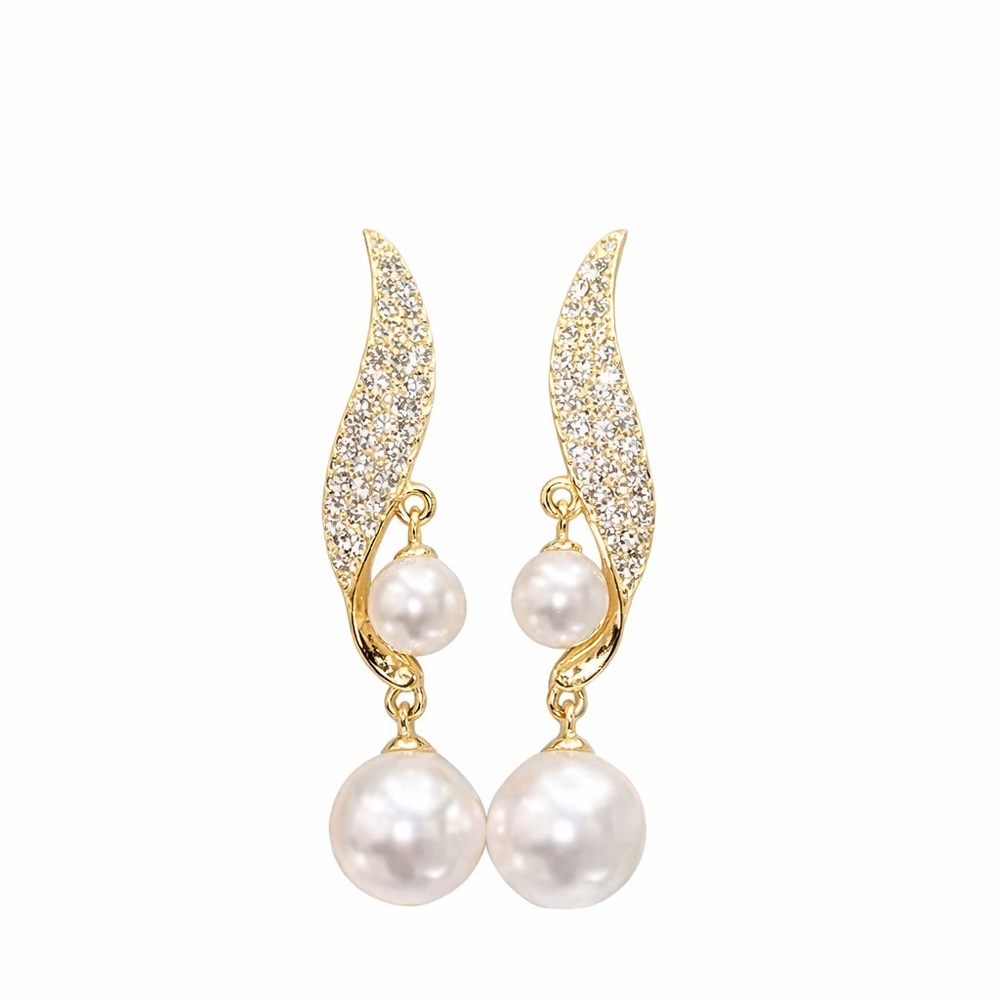 Gold Pearl Drop Earrings with Crystal Accents - White Pearls